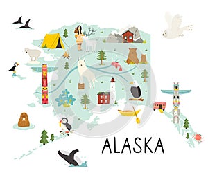 Alaska illustrated map with animals and symbols