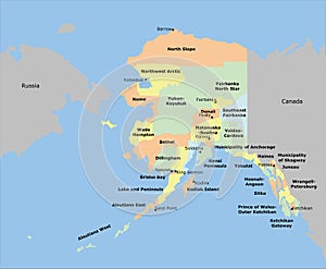 Alaska Map with 18 boroughs and 11 census areas