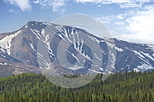 Alaska Mountain Terrain, Thick Forest Valley, Blue Skies