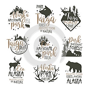 Alaska national park labels set. Forest protection hand drawn vector Illustrations