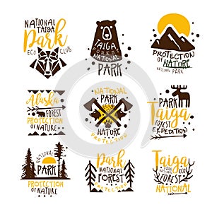 Alaska National Park Promo Signs Series Of Colorful Vector Design Templates With Wilderness Elements Silhouettes