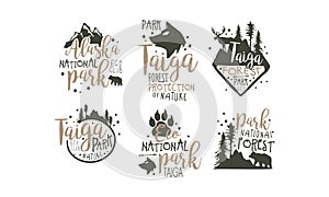 Alaska National Park Promo Signs Series With Wilderness Elements Silhouettess