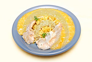 Alaska pollock with mango sauce