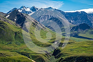 The Alaska Range mountains as seen from Eielson Visitors Center in Denali National Park on a clear sunny summer day