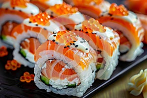 Alaska Salmon Uramaki Sushi, Uramaki Rolls Japanese Food with Red Tobiko Closeup