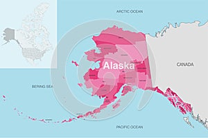 Alaska state counties vector map with neighbouring states and terrotories