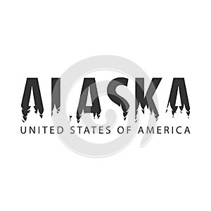 Alaska. USA. United States of America. Text or labels with silhouette of forest.