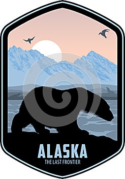 Alaska vector label with polar bear, seal and seagulls