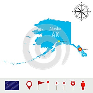 Alaska Vector Map Isolated on White Background. High Detailed Silhouette of Alaska State. Official Flag of Alaska