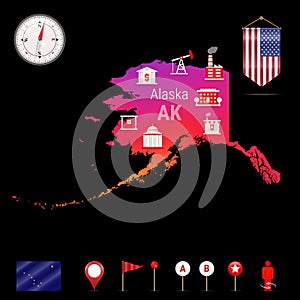 Alaska Vector Map, Night View. Compass Icon, Map Navigation Elements. Pennant Flag of the USA. Industries Icons