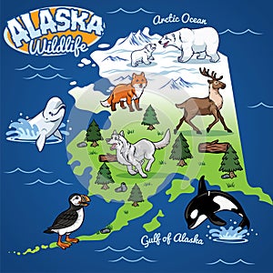 Alaska Wildlife map in cartoon style