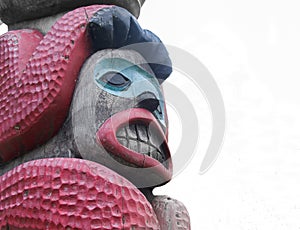 Alaskan Indian totem pole closeup of face