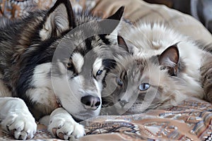 The Alaskan Malamute dog and Ragdoll cat form an inseparable bond