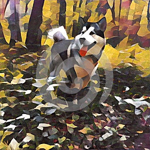 Alaskan malamute dog sitting on wooden planks in the autumn forest