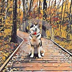 Alaskan malamute dog sitting on wooden planks in the autumn forest