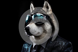 Alaskan Malamute Dogin Suit And Virtual Reality On Black Background