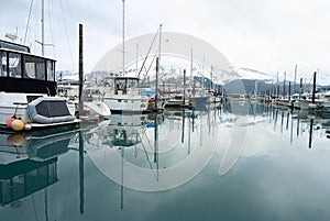 Alaskan Marina with Sailboats and Mountain View