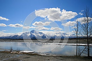 Alaskan river with mountain reflection