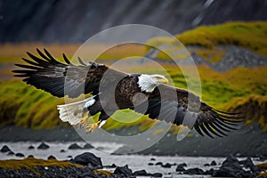 In Alaskas McNeil River State Game Sanctuary and Refuge, a bald eagle takes flight