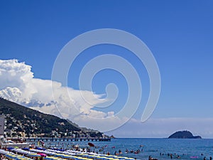 Alassio - Panoramic view of beautiful coastline of the Ligurian sea on sunny summer day seen from Baba Beach