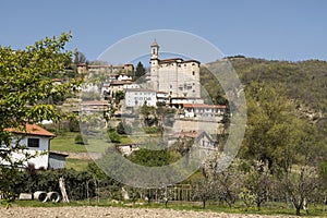 Alba church and Piemonte vineyards and hills in spring, Italy