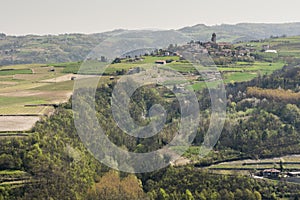 Alba church and Piemonte vineyards and hills in spring, Italy