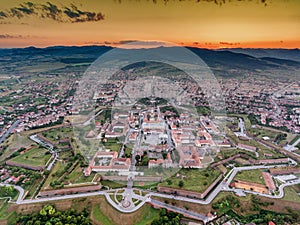 Alba Iulia medieval fortress aerial view at sunset