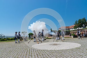 ALBA IULIA, ROMANIA - 11 AUGUST 2018: Cannon fire at the changing of the Guard ceremony in the Citadel Alba-Carolina in Alba Iulia