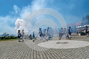 ALBA IULIA, ROMANIA - 11 AUGUST 2018: Cannon fire at the changing of the Guard ceremony in the Citadel Alba-Carolina in Alba Iulia