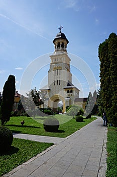 Alba Iulia Romania, citadel Alba Carolina; Orthodox Cathedral; precinct entrance bell tower 
