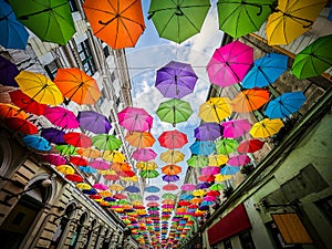 The Alba Iulia street decorated with umbrellas in Timisoara, Romania