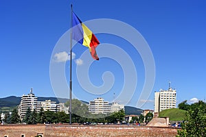 ALBA IULIA, the wall of the Medieval Fortress and the modern buildings of the city.