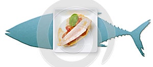 Albacore belly with roasted peppers, white  background