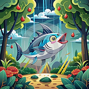 Albacore Tuna fish in love knocks forest Rain vector