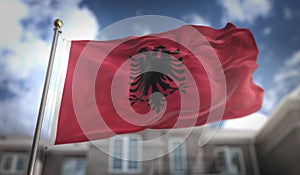 Albania Flag 3D Rendering on Blue Sky Building Background