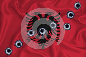 Albania flag Close-up shot on waving background texture with bullet holes. The concept of design solutions. 3d rendering