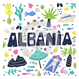 Albania flat hand drawn vector illustration. Albania flora, fauna, landmarks cartoon cliparts