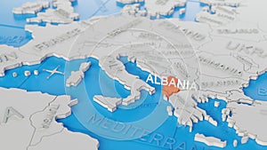 Albania highlighted on a white simplified 3D world map. Digital 3D render