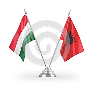 Albania and Hungary table flags isolated on white 3D rendering