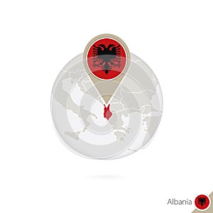 Albania map and flag in circle. Map of Albania, Albania flag pin