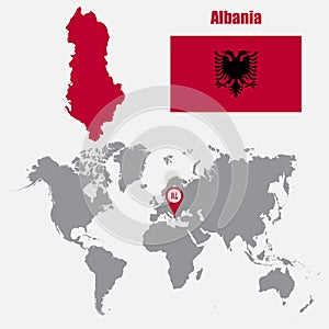 Albania map on a world map with flag and map pointer. Vector illustration