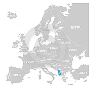 Albania marked by blue in grey political map of Europe. Vector illustration