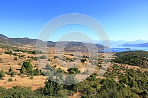 Albania- Prespa National Park- Lake Prespa with Maligrad Island - Greece and Macedonia in the background