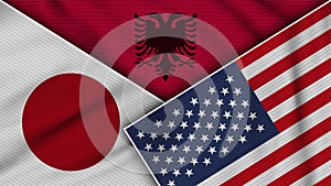 Albania United States of America Japan Flags Together Fabric Texture Illustration