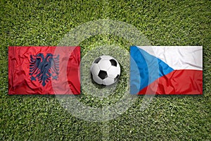 Albania vs. Czech Republic flags on soccer field