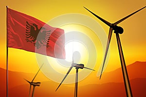 Albania wind energy, alternative energy environment concept with wind turbines and flag on sunset industrial illustration - renewa