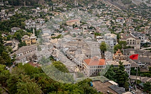 Albanian flag raised at old town in Gjirokaster, Albania