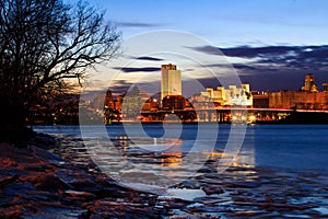 Albany NY view from the Rennsaeler boat dock on an icy night