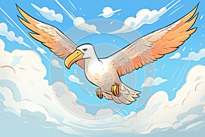 albatross in full wingspan against bright clouds