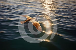 albatross shadow cast on ocean surface, sun shining through